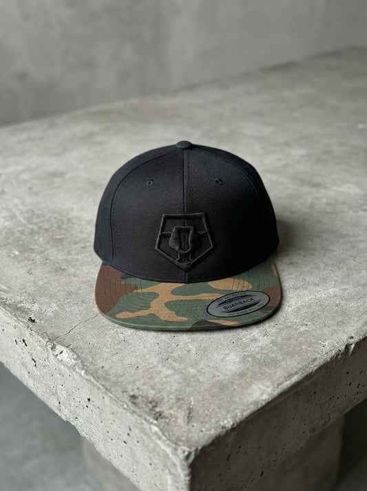 TIS Snap Back Black & Camo Cap (Black Logo)